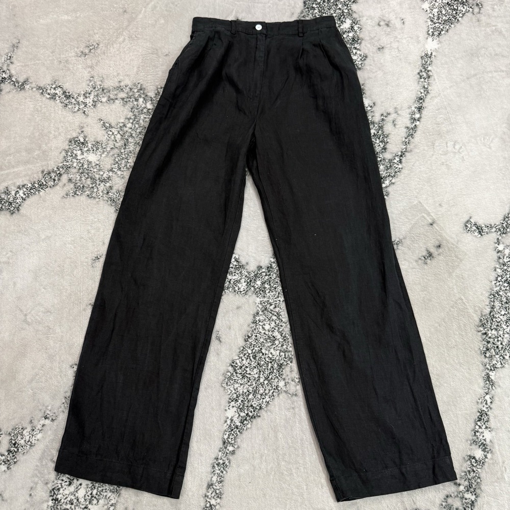 Donni Black Linen Pants Womens Size M Pleated Wide Leg Trousers Made In USA